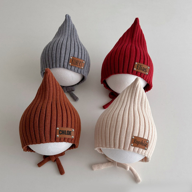 Personalized Leather Patch Knit Pixie Hats | HSKid58