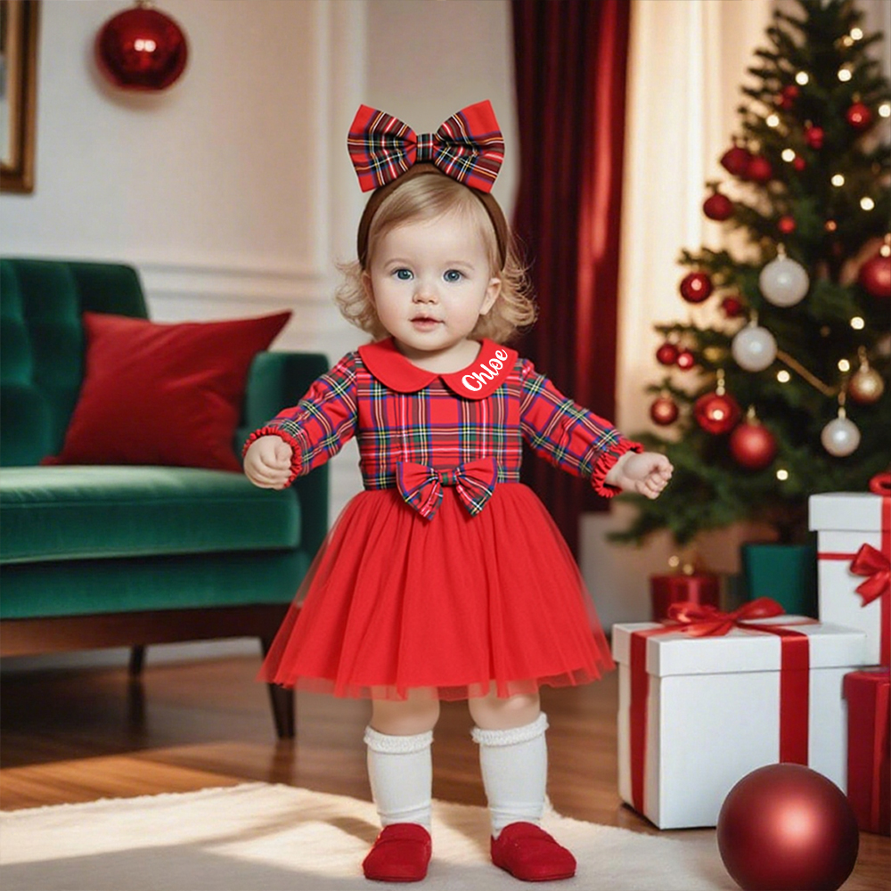 Personalized Christmas Baby Girl Checked Tutu Dress | MCGift156