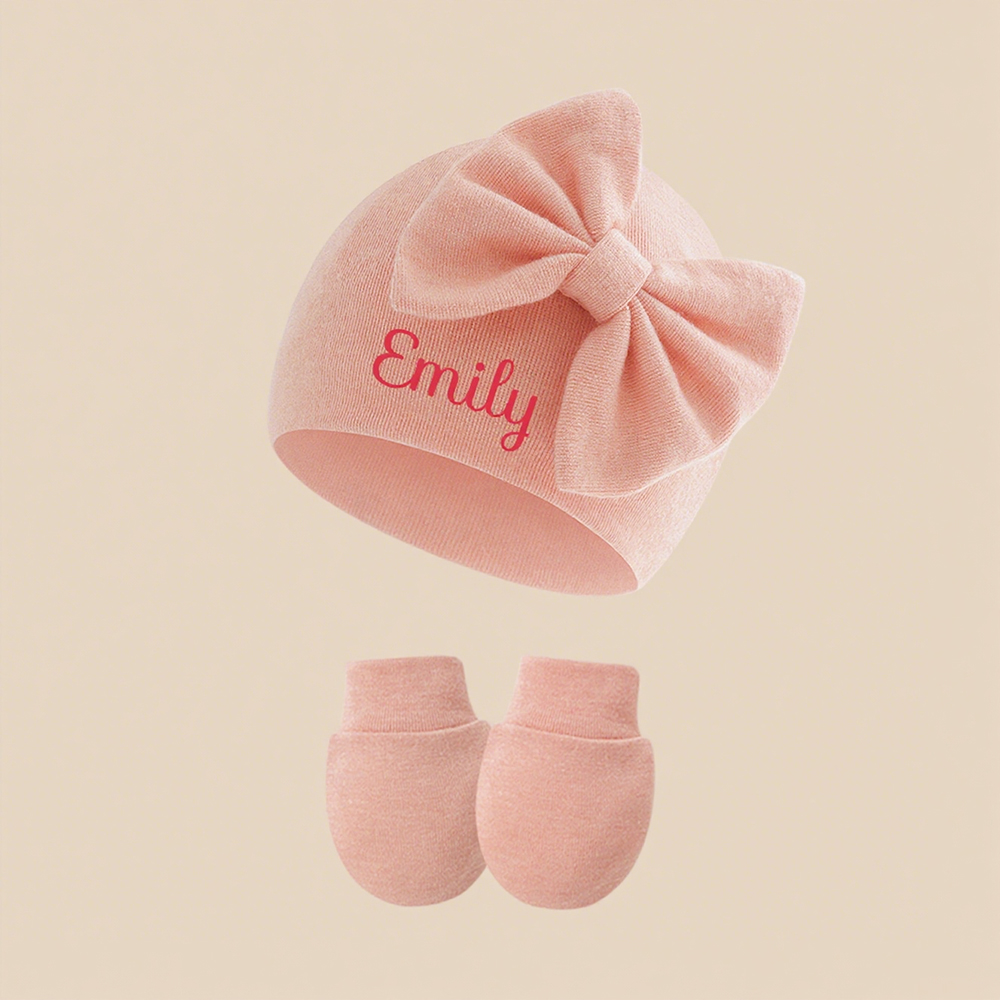 Personalized Newborn Coming Home Bow Beanie And Gloves Set | HSKid62
