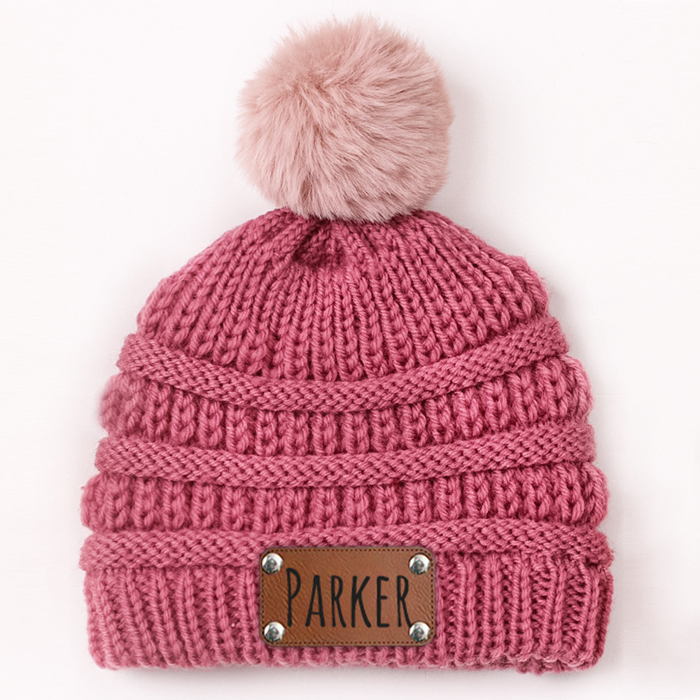 Personalized Leather Patch Kid Colorful Pom Pom Hat | HSKid63