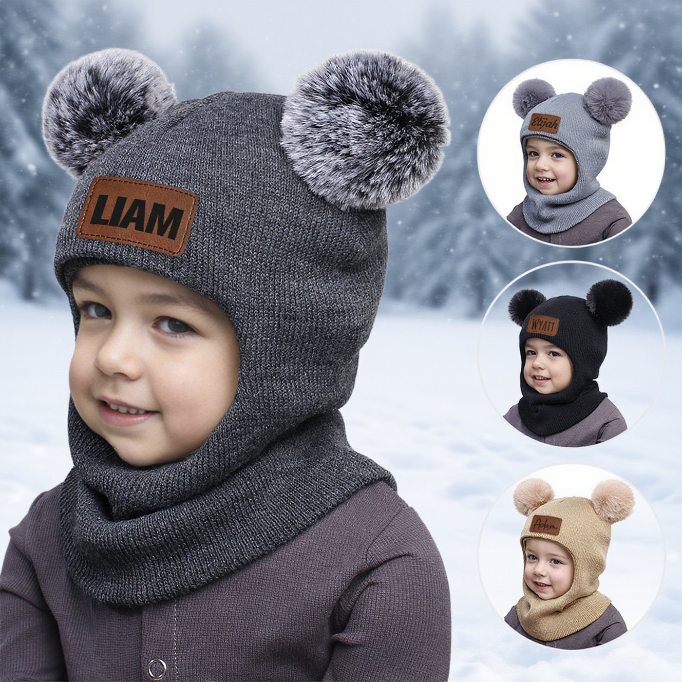 Personalized Kid Winter Warm Knitted PomPom Hat Scarf | HSKid64