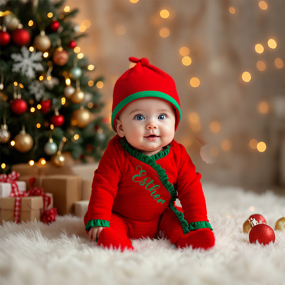 Personalized Newborn Christmas Velvet Ruffle Romper | MCGift176