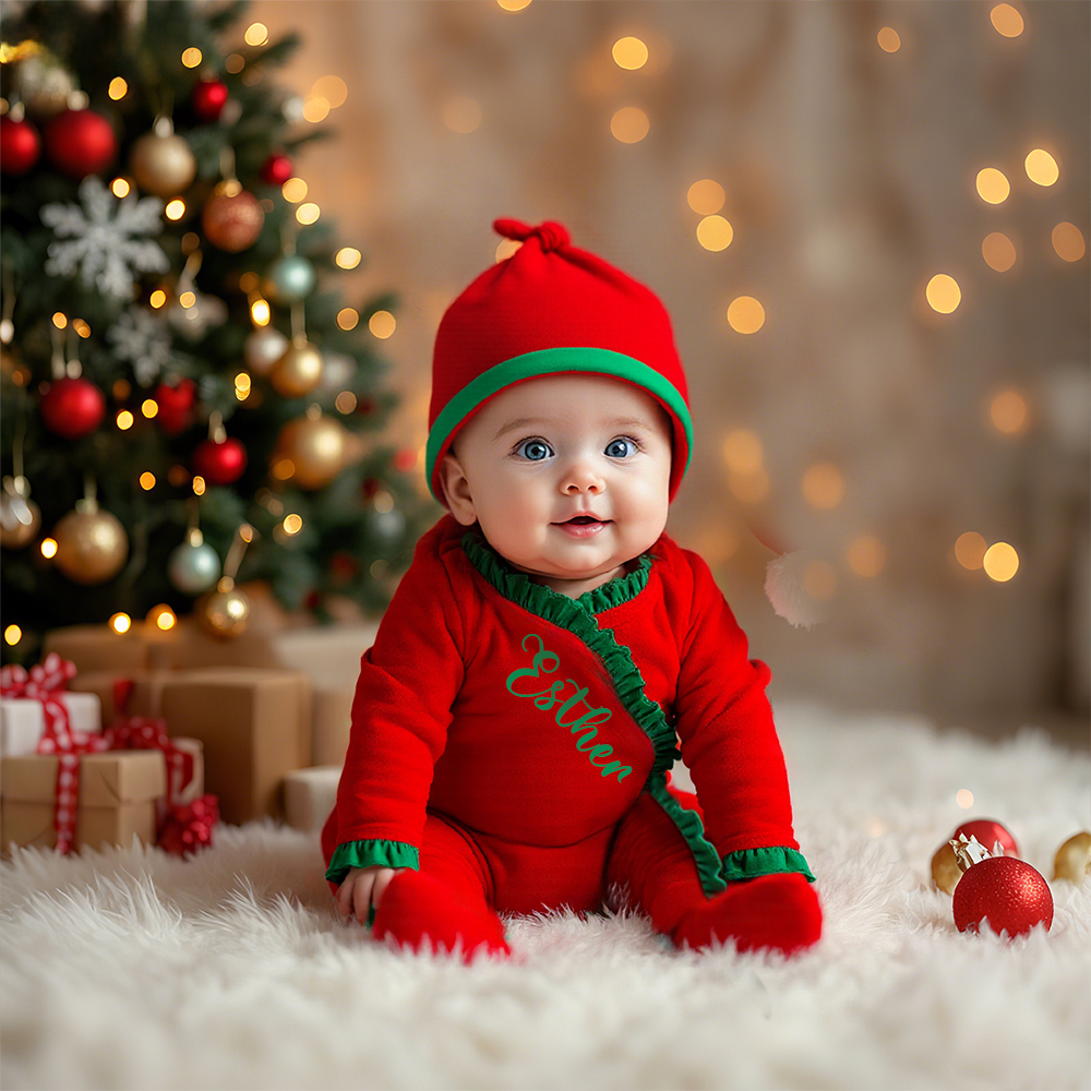 Personalized Newborn Christmas Velvet Ruffle Romper | MCGift176