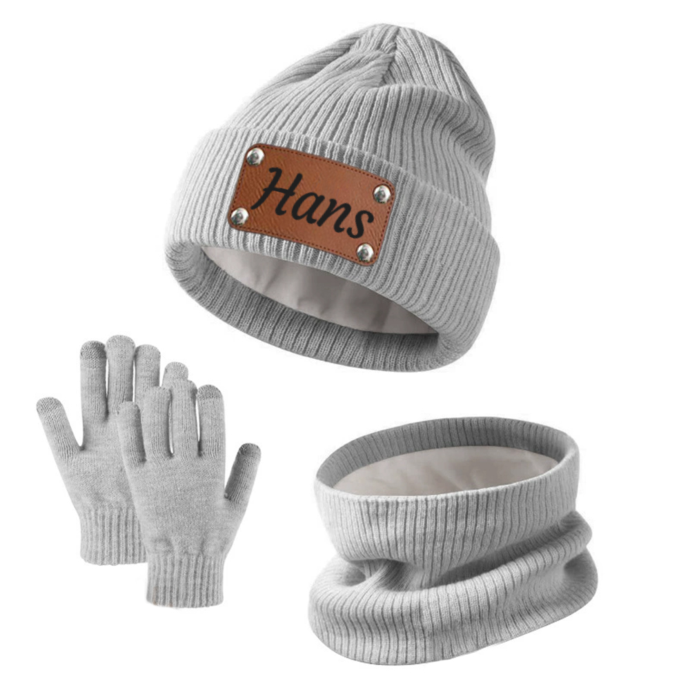 Personalized Leather Patch Kid Winter Hat Glove Scarf Set | HSKid69