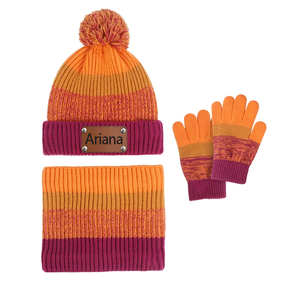 Personalized Leather Patch Kid Winter Hat Glove Scarf Set | HSKid70