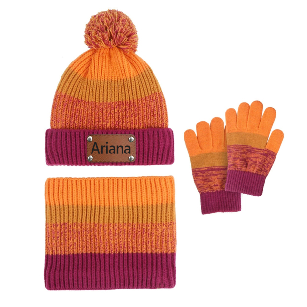 Personalized Leather Patch Kid Winter Hat Glove Scarf Set | HSKid70