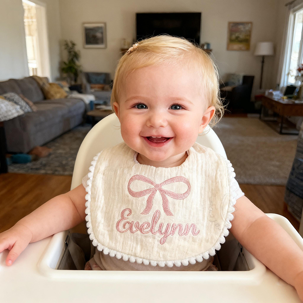 Personalized Embroidered Baby Lovely Bow Muslin Bib | CWBaby21402