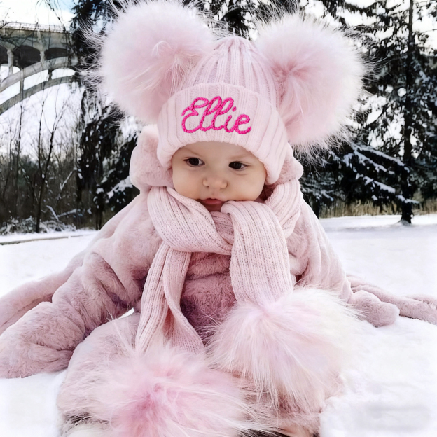 Personalized Hand Embroidery Kid Pom Pom Hat and Scarf | HSKid72