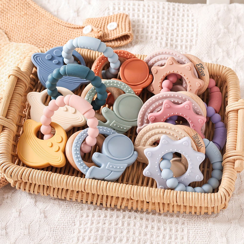 Personalised Baby Food Silicone & Wooden Sensory Teething Ring | CWToy162