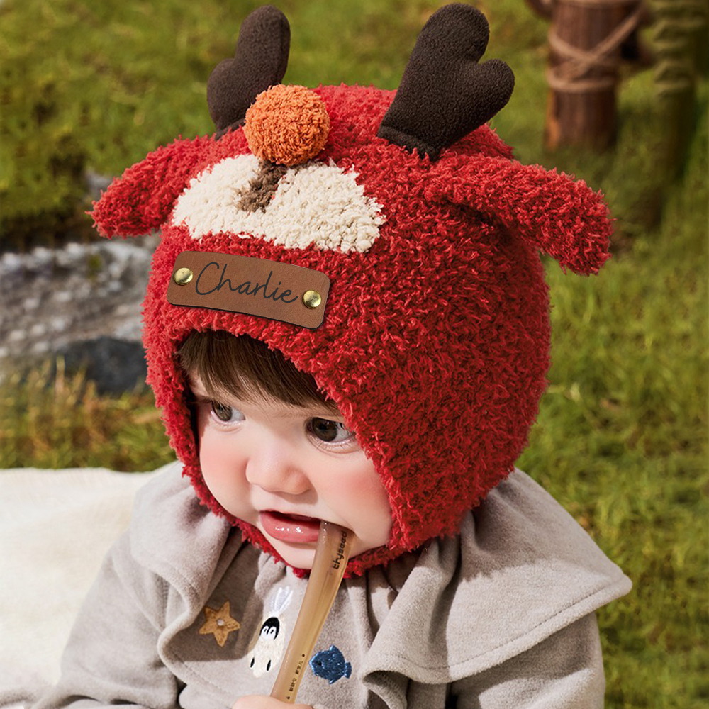 Personalized Leather Patch Adorable Animals Warm Winter Hat | HSKid73