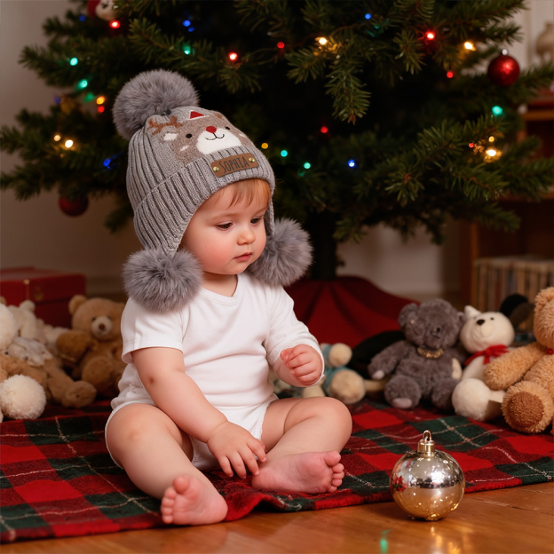 Personalized Leather Patch Adorable Elk Warm Winter Pom Pom Hat | HSKid77