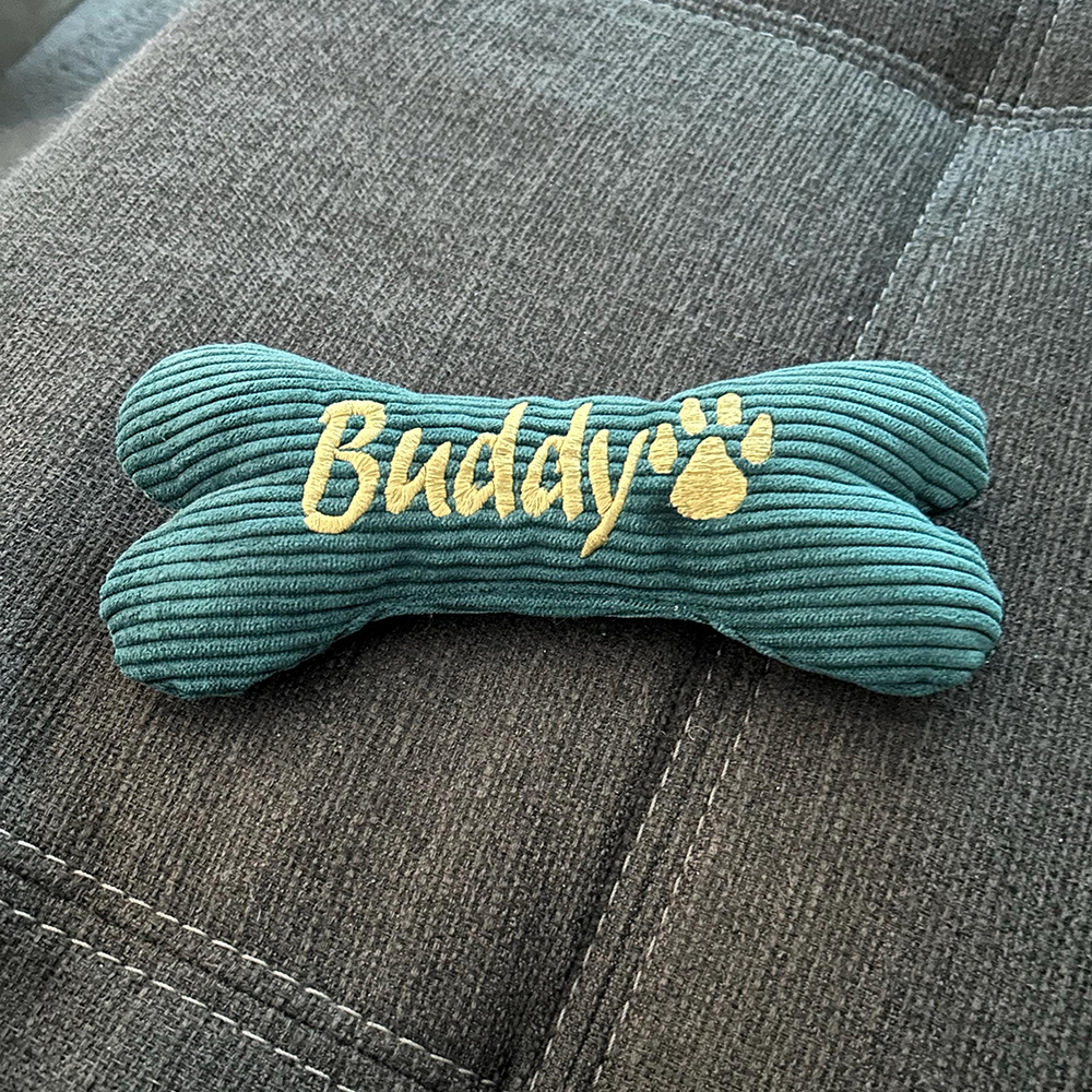 Personalized Embroidered Corduroy Puppy Bone Squeaker Toy | BKPet257