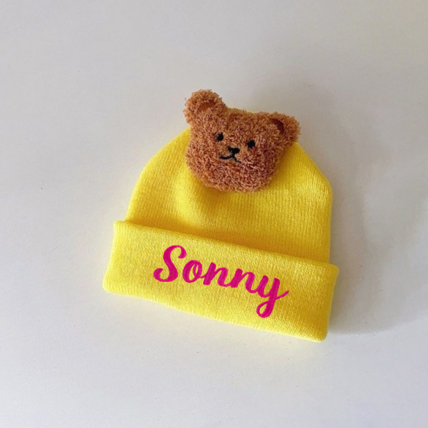 Personalized Embroidery Organic Cotton Baby Beanie with Teddy Bear | HSKid78