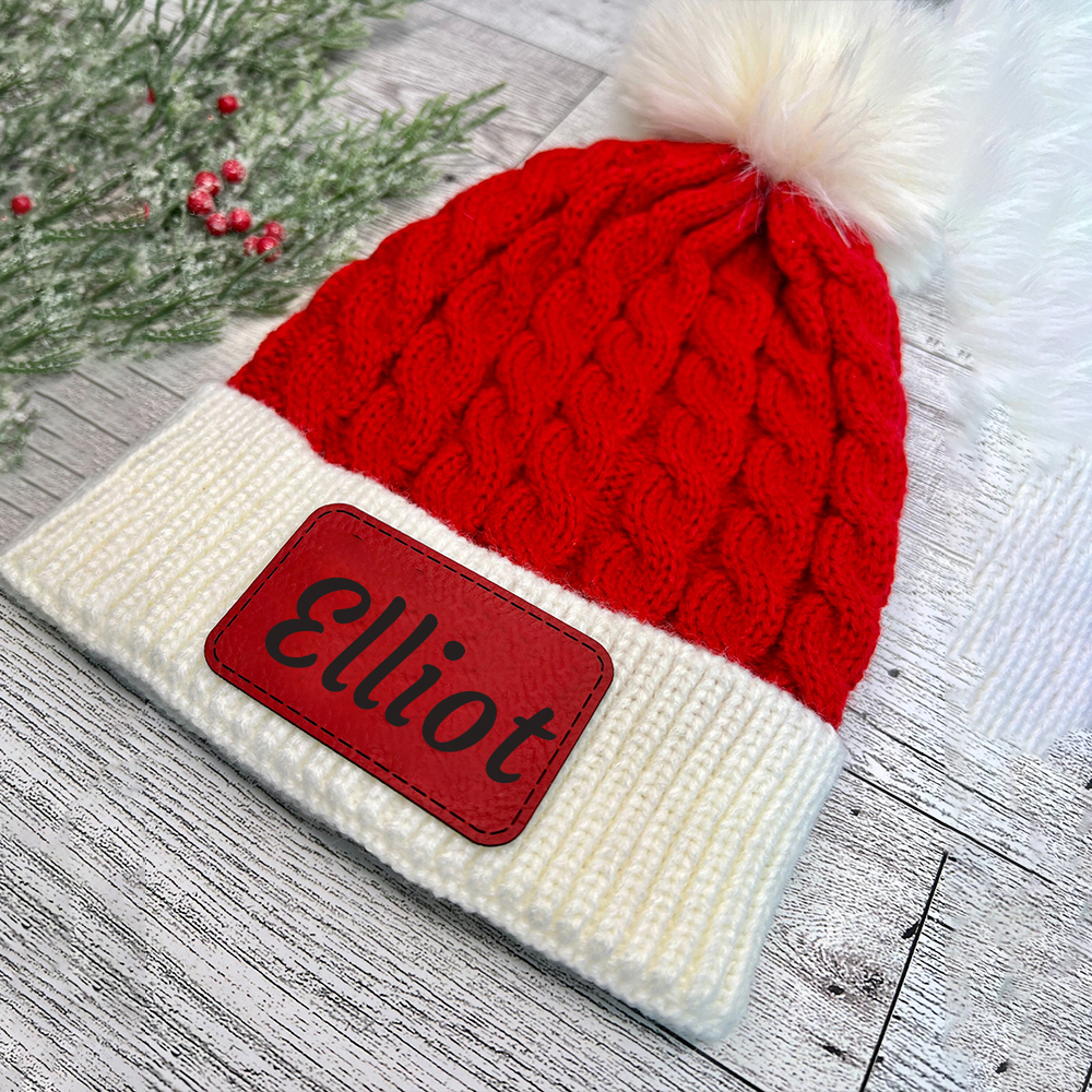Personalized Leather Patch Christmas Pom Pom Hat | HSKid80