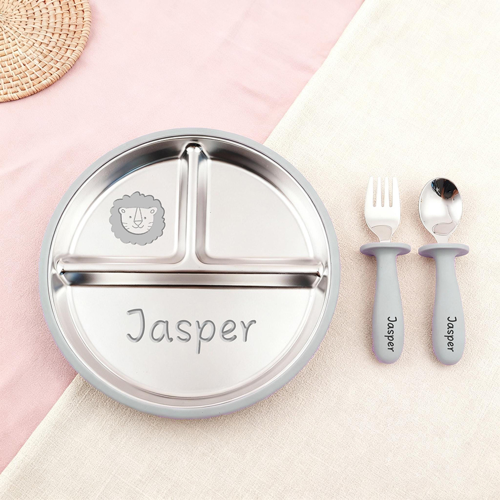 Personalised Baby Stainless Steel Plate Fork & Spoon Set | CWBaby352