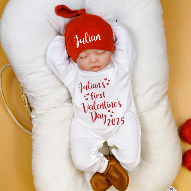 Personalized Baby First Valentine Romper and Hat Set | CWBaby375