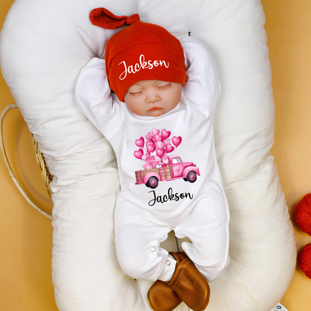 Personalized Baby First Valentine Romper and Hat Set | CWBaby376
