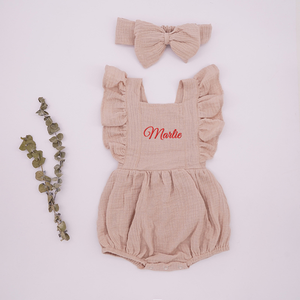 Personalized Embroidery Baby Organic Cotton Muslin Romper with Bow | inRomper35