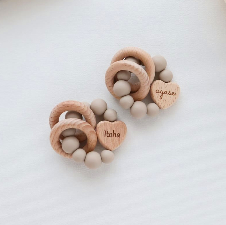 Personalized Baby Sensory Silicone Wooden Toy Ring | CWToy169