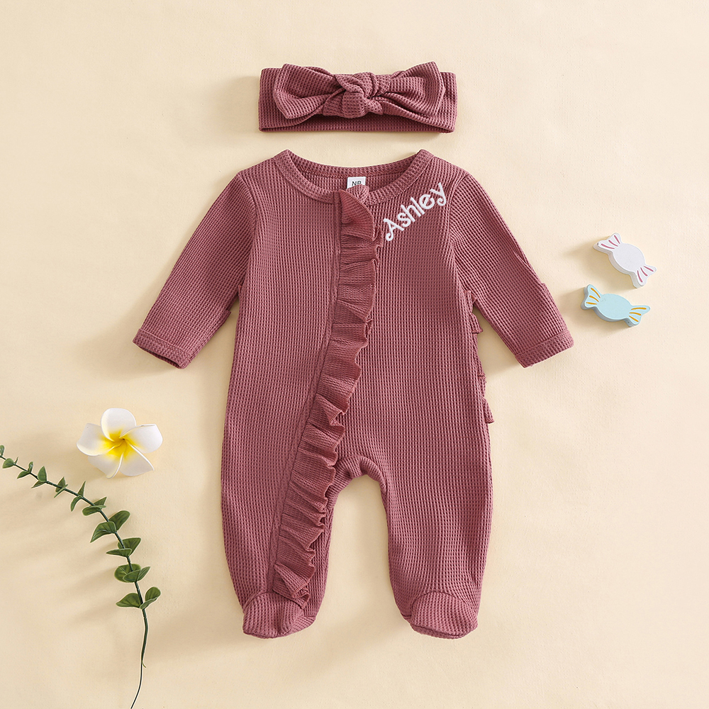 Personalized Newborn Embroidery Waffle Ruffled Romper With Bow | CWBaby426
