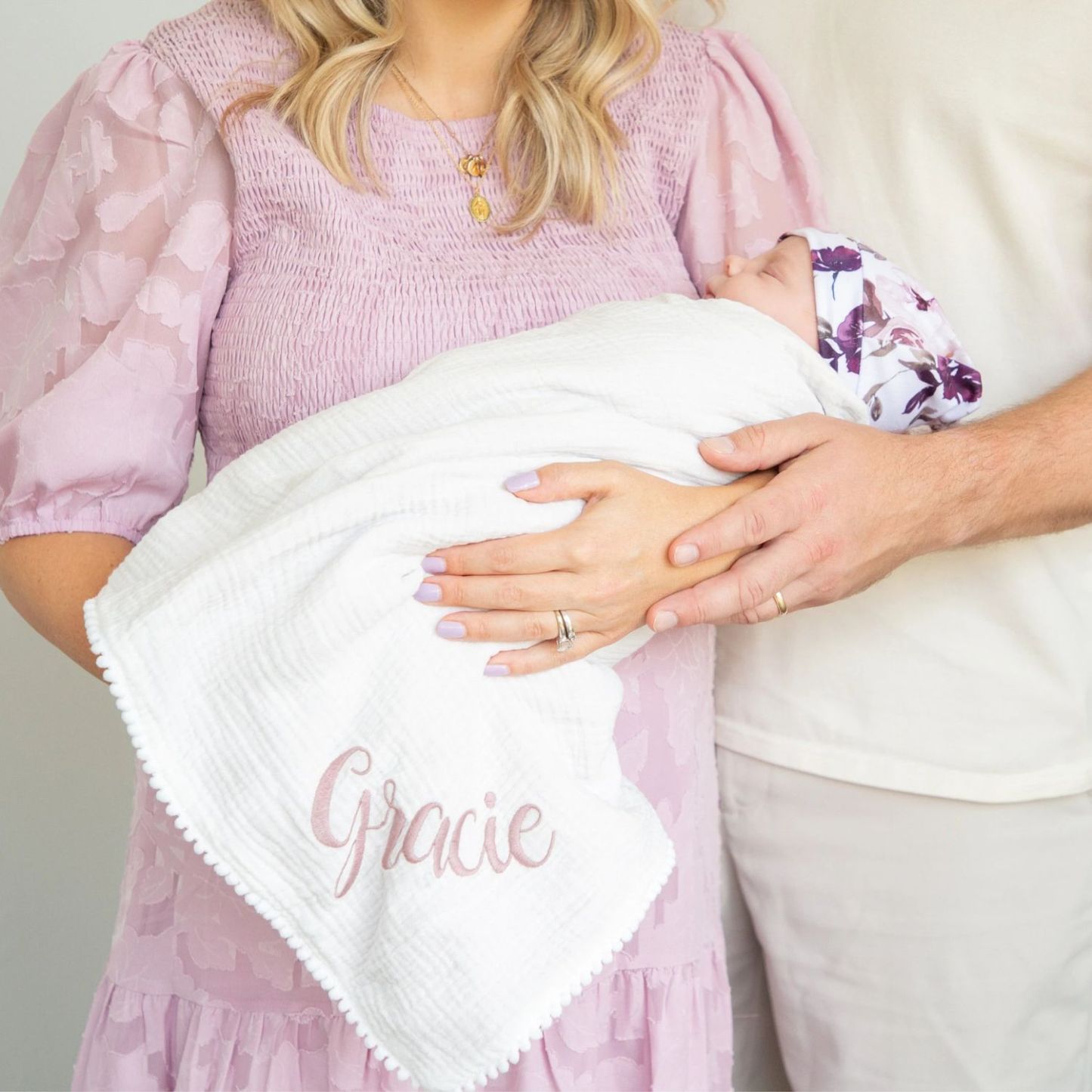 Personalized Embroidered Swaddle Muslin Pom Pom Blanket | CWBaby46