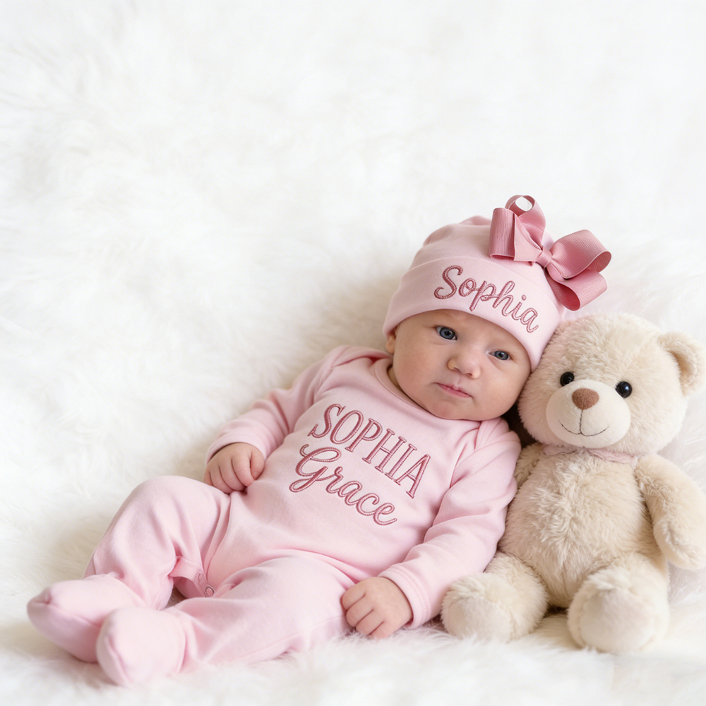Personalized Embroidery Baby Girl Coming Home Romper and Hat Set | CWBaby458