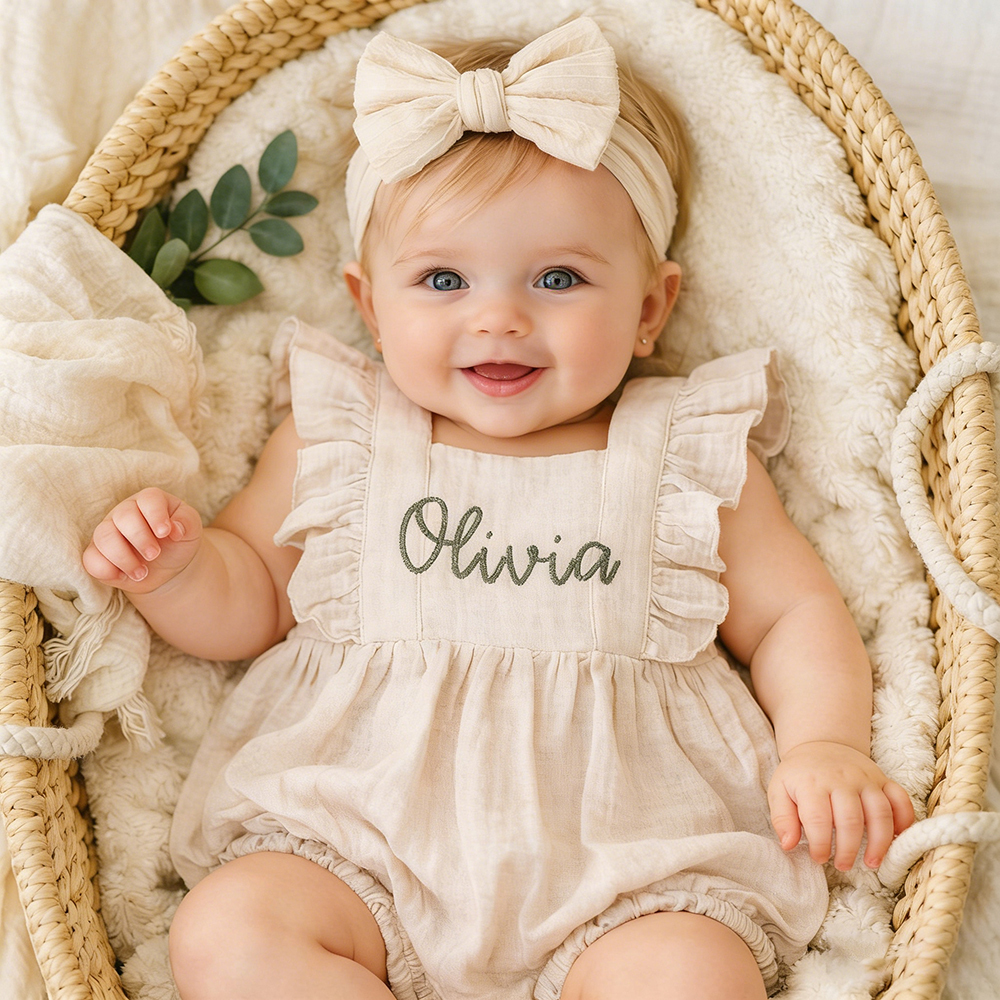 Personalized Embroidery Baby Organic Cotton Muslin Romper with Bow | i