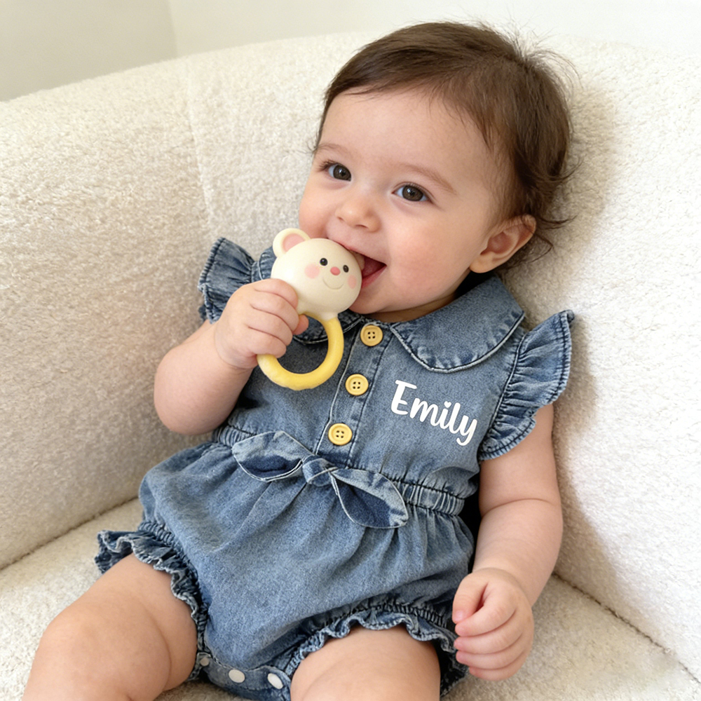Personalized Baby Girl Elegance Denim Ruffled Romper | CWBaby476