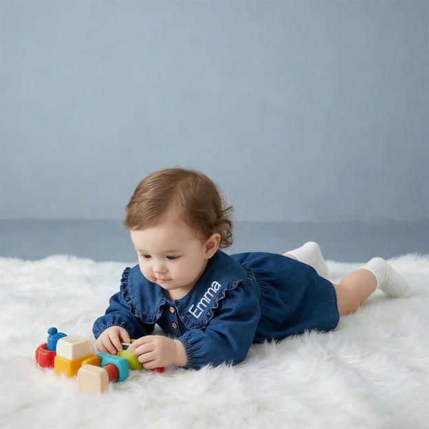 Personalized Baby Girl Vintage Puff Sleeves Denim Dress | CWBaby478