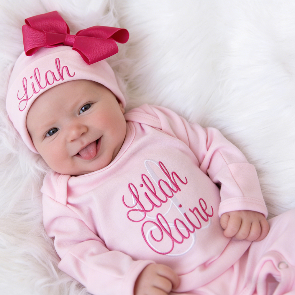 Personalized Embroidery Baby Girl Coming Home Romper and Hat Set | CWBaby479