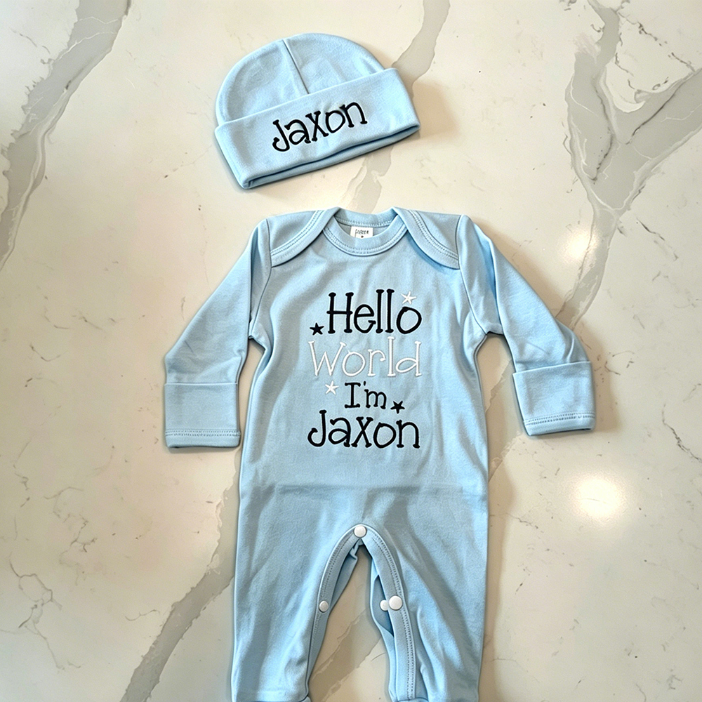 Personalized Embroidery Baby Hello World Outfit | CWBaby495