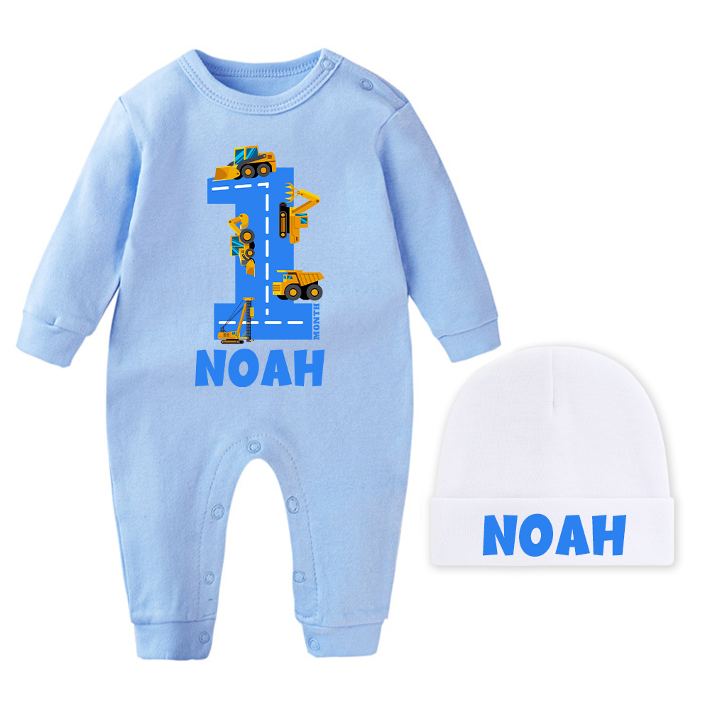Personalized Baby Transportation Vehicle Romper With Hat Set | CWBaby497