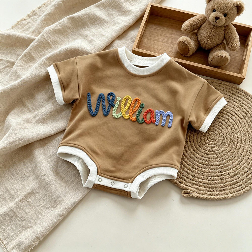 Personalized Hand Embroidered Short Sleeve Baby Bubble Romper | CWBaby503