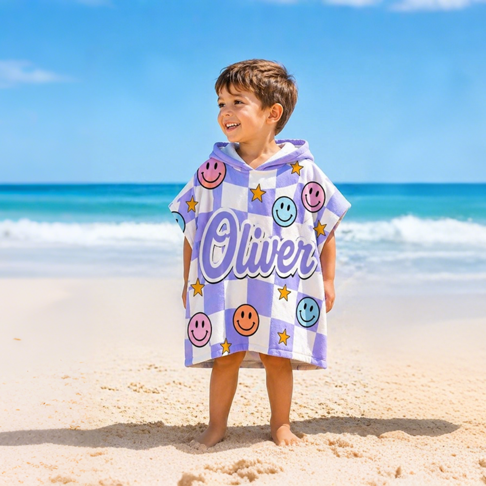Personalized Checkered Smiley Kids Hooded Beach Towel for Summer & Beach | CWHTowel50