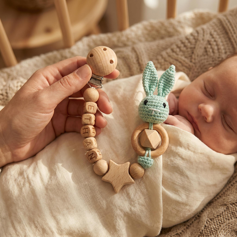 Personalized Bunny Baby Pacifier Wooden Bead Clip | CWToy194