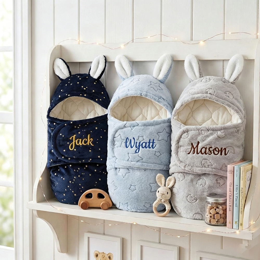Personalized Baby Flannel Bunny Ear Swaddle Wrap | CWBaby507