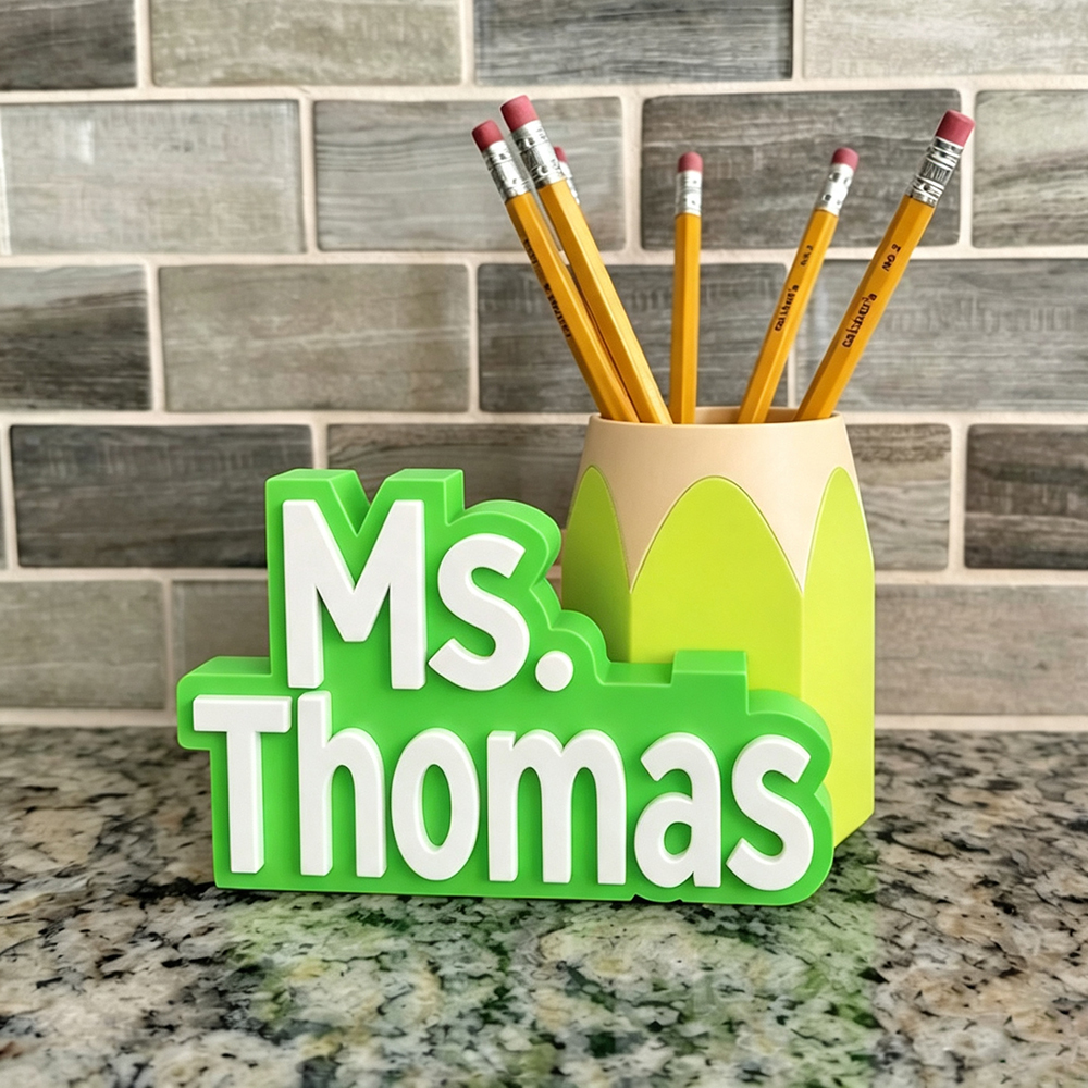 Personalized 3D Printed Teacher Pen Cup and Name Stand | CWTeach14