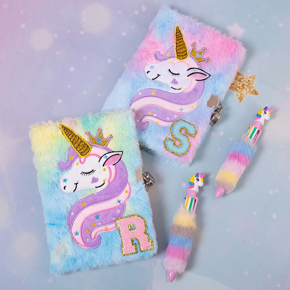 Personalised Chenille Patch Unicorn Fluffy Diary and Pen Set | CWToy196