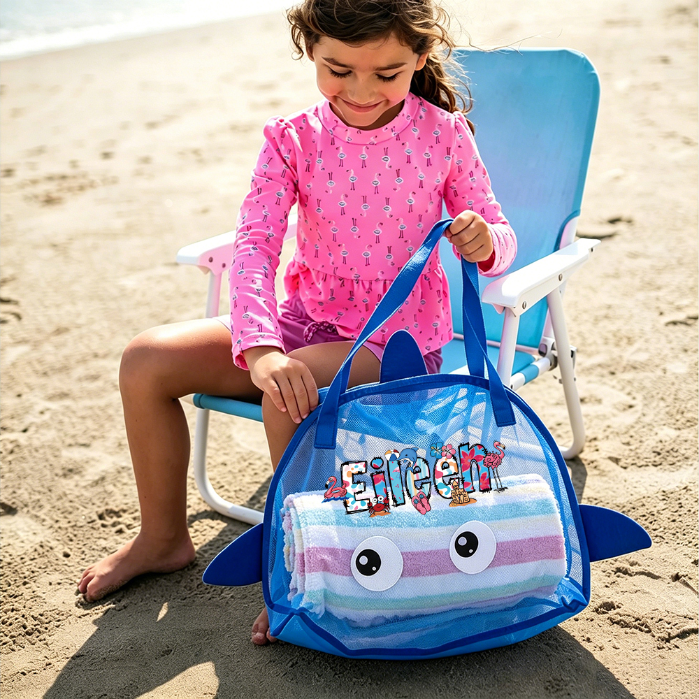 Personalized Adorable Shark Seashell Zipper Mesh Beach Bag | CWBeach262
