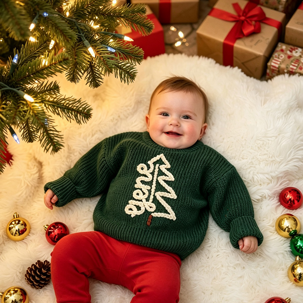 Personalized Hand Embroidered Christmas Tree With Name Sweater | MCGift370