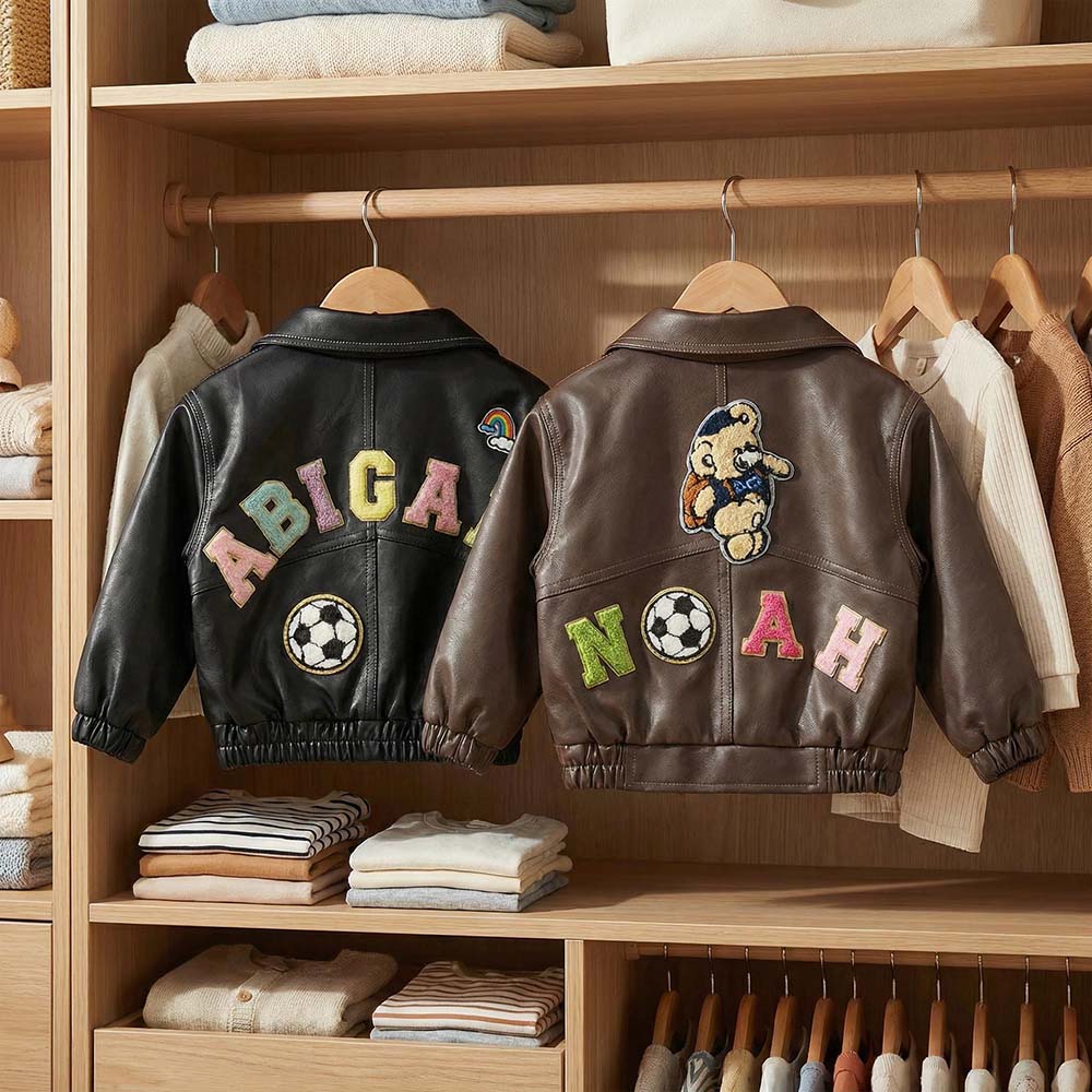 Personalized Chenille Patch Baby Vegan Leather Jacket | CWBaby518