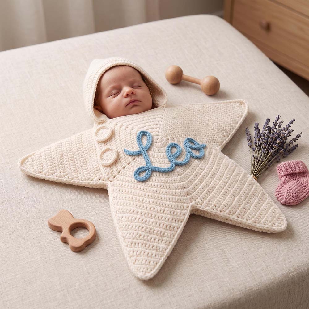 Personalized Hand Embroidered Hooded Crochet Star Baby Outfit | CWBaby524