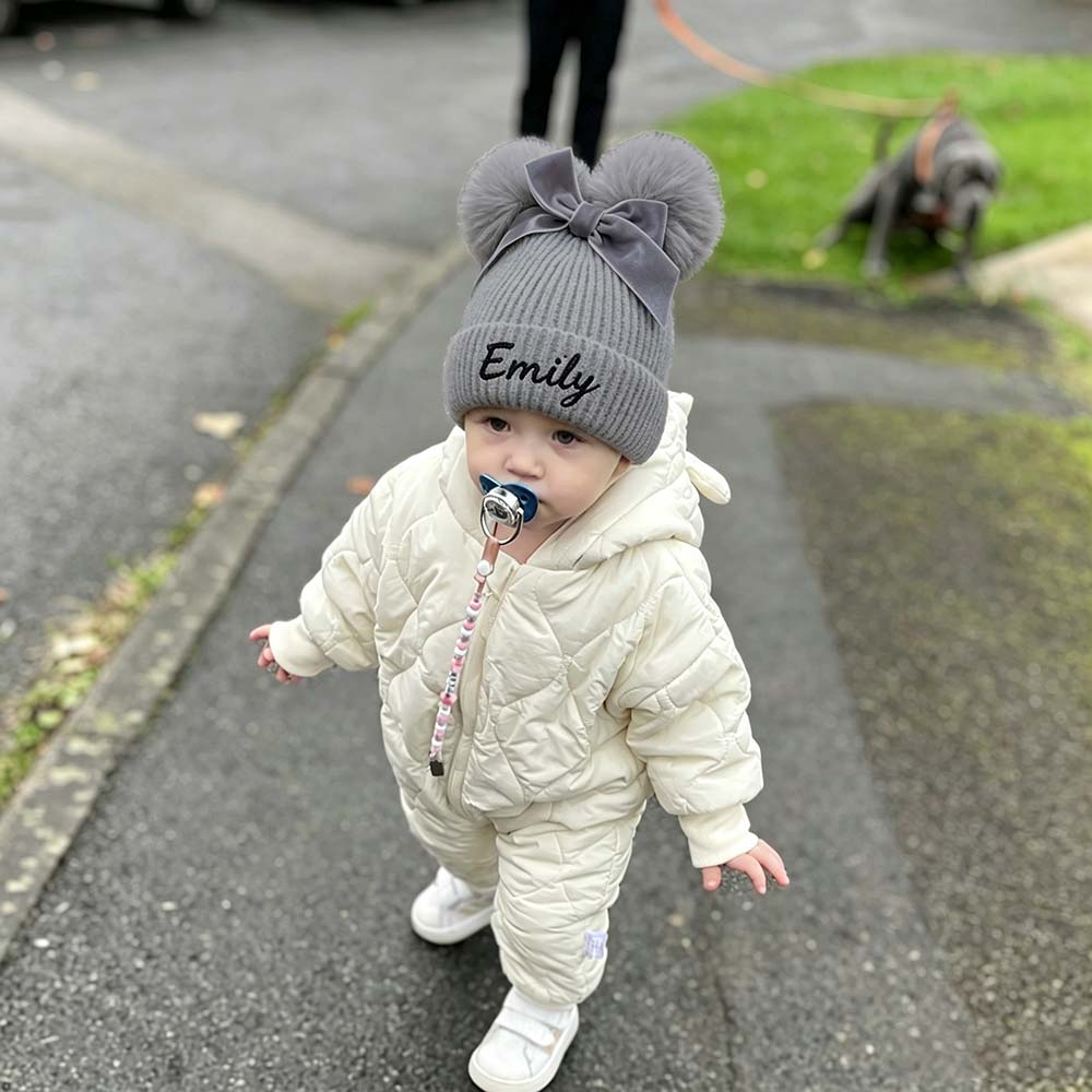 Personalized Embroidered Baby Pom Pom Hat with Bow | HSKid85