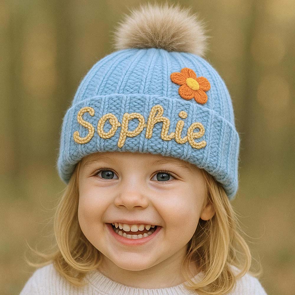Personalized Hand Embroidered Kids Pom Beanie Winterhat | HSKid87