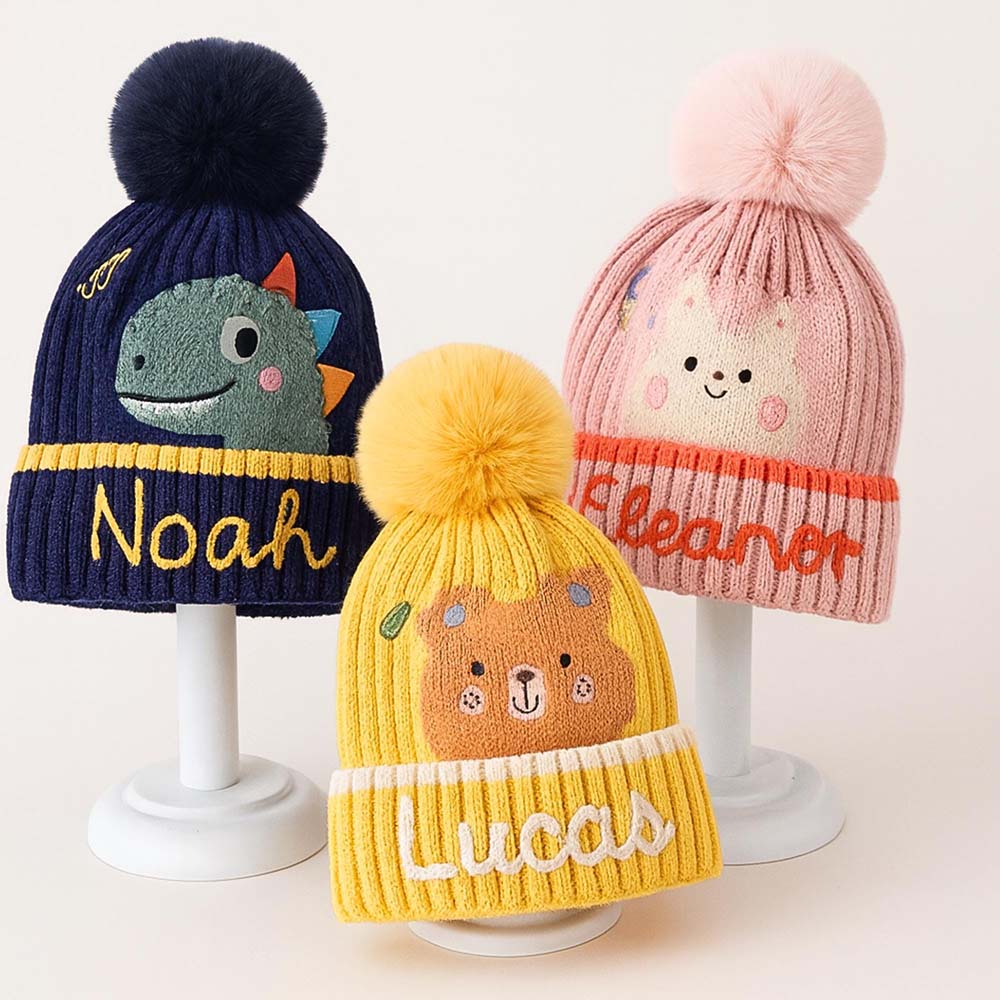 Personalized Hand Embroidery Cartoon Animal Pom Pom Beanie WinterHat | HSKid90