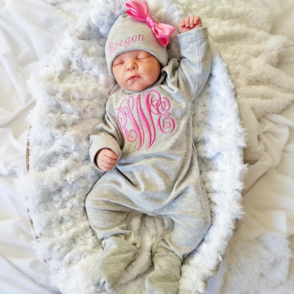 Personalized Embroidery Baby Monogram Romper and Hat Set | CWBaby525