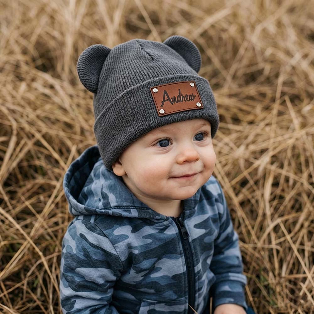 Personalized Leather Patch Kid Beanie Hat With Bear Ears | HSKid92