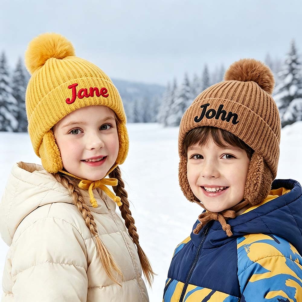 Personalized Embroidered Kids Winter Hat With Ear Flaps & Pom Pom | HSKid93