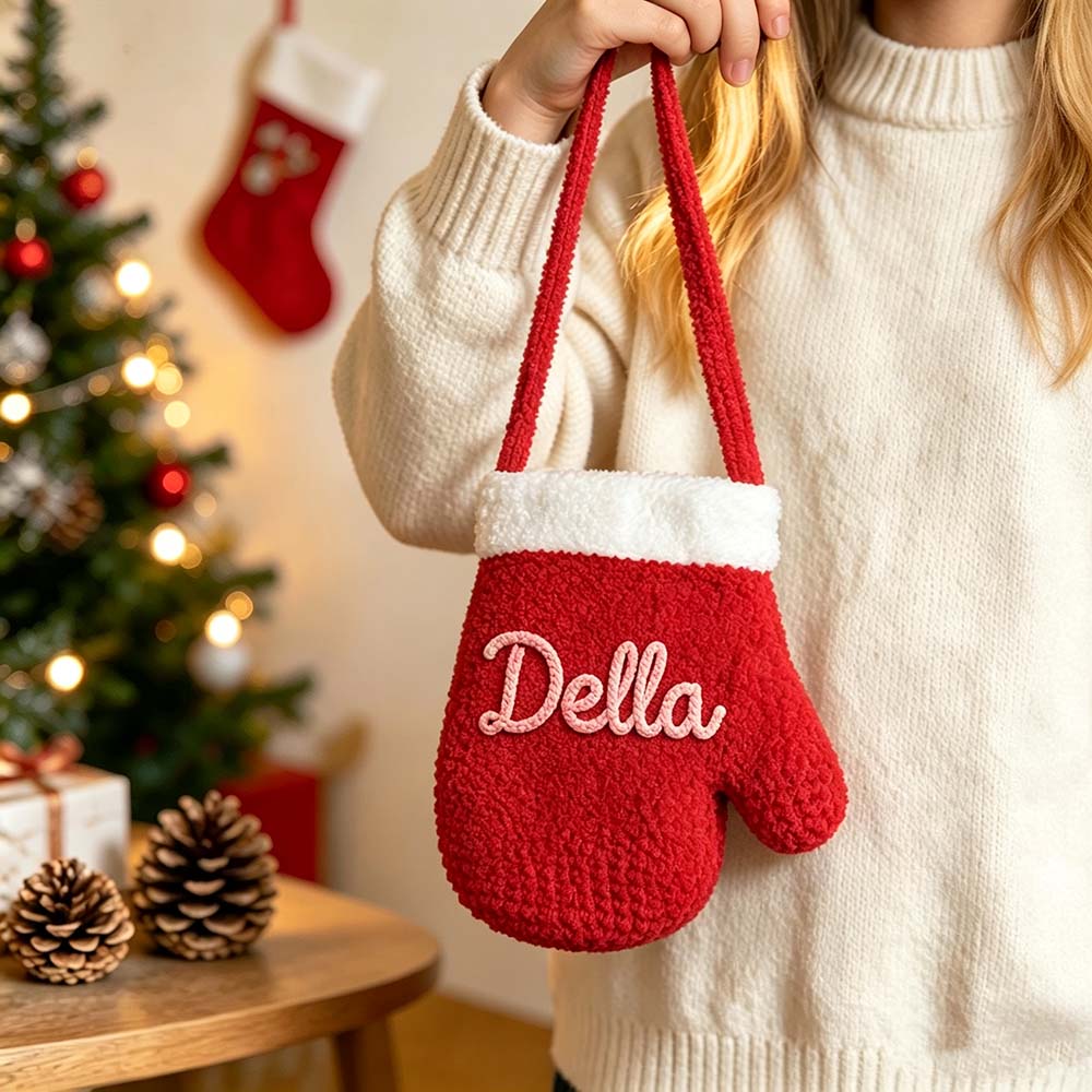 Personalized Hand Embroidered Kids Christmas Mitten Bag | MCGift387