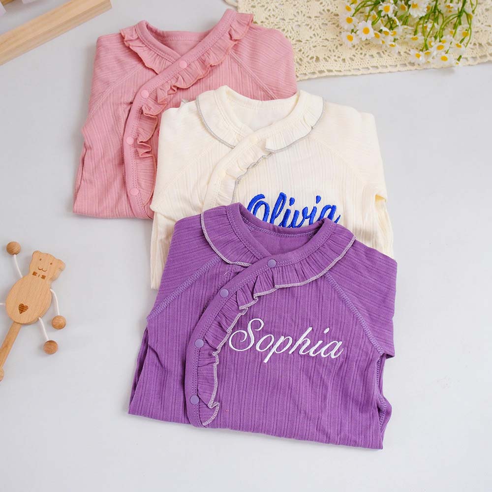 Personalized Embroidered Long Sleeve Buttons Ruffle Coming Home Outfit | CWBaby532